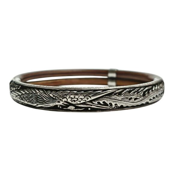 Vintage Chinese Half Silver Rattan Bangle Bracelet - Phoenix Design - Picture 1 of 8
